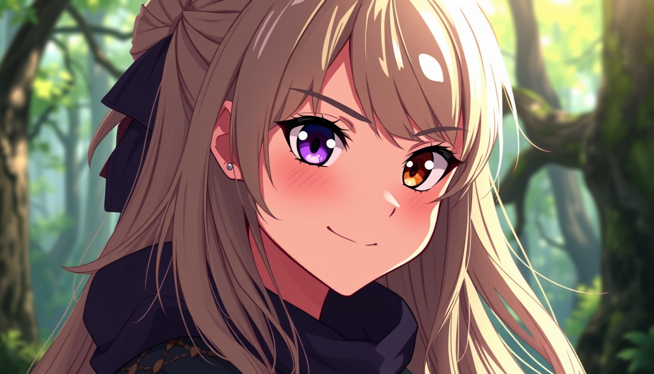 Anime idea: anime style, vibrant colors, expressive eyes, Semi-realistic anime illustration of a beautiful girl with long, dirty-blonde hair and a purple right ey