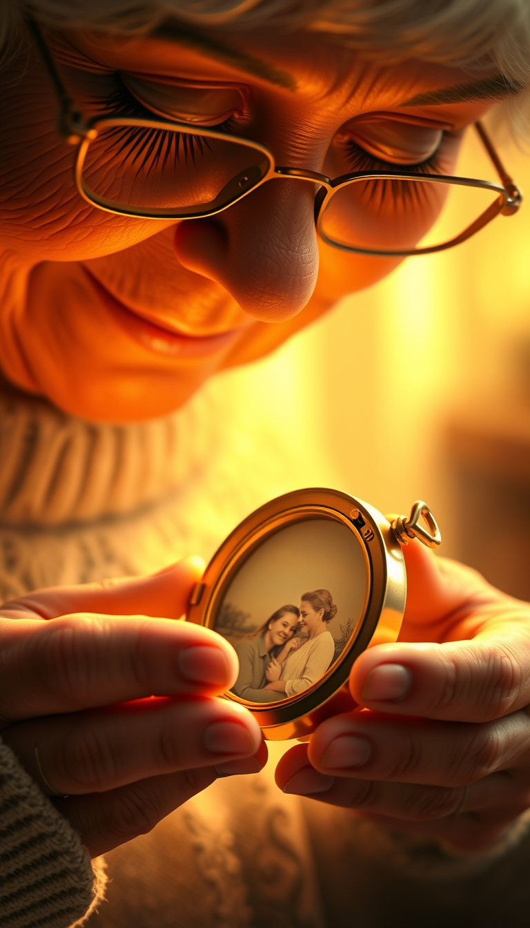 Main art studio: The Precious LocketWritingA beautiful golden locket opened in an elderly grandmother's hands, showing a tiny cherished family photograph inside, grand