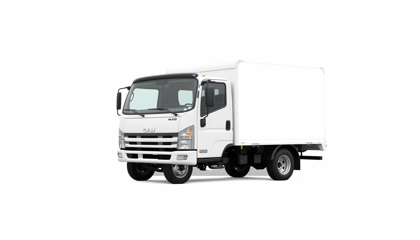 Main art studio: WHITE TRUCK. ONE TRUCK ONLY. FRONT VIEW. FOUR WHEELS. NO MOTORCYCLE. NO BIKE. NO HUMAN. NO PEOPLE. NO CITY. NO ROAD. PLAIN WHITE BACKGROUND.