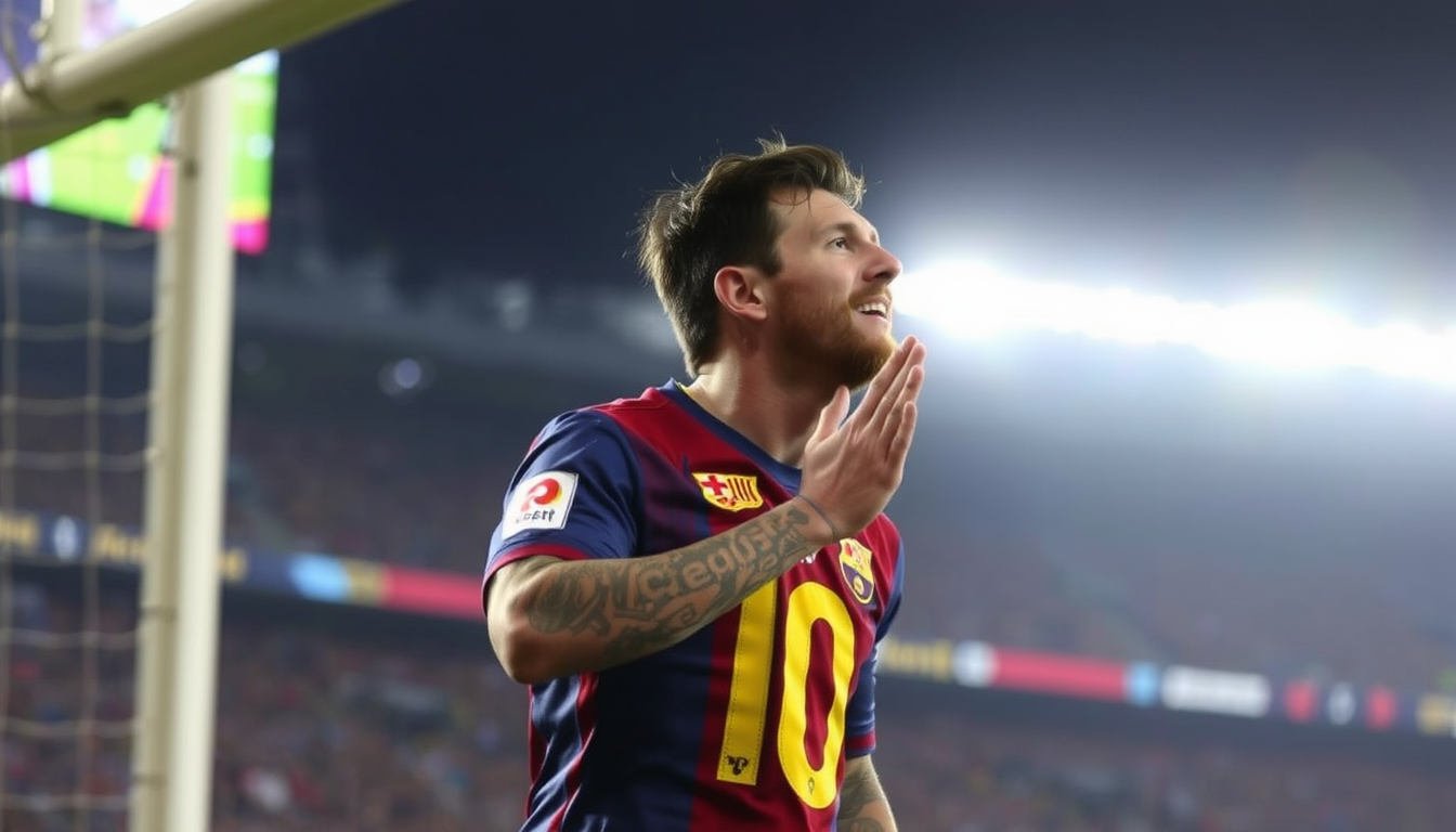 Main art studio: imagen de Messi despues de hacer un gol, agradeciendo al cielo
