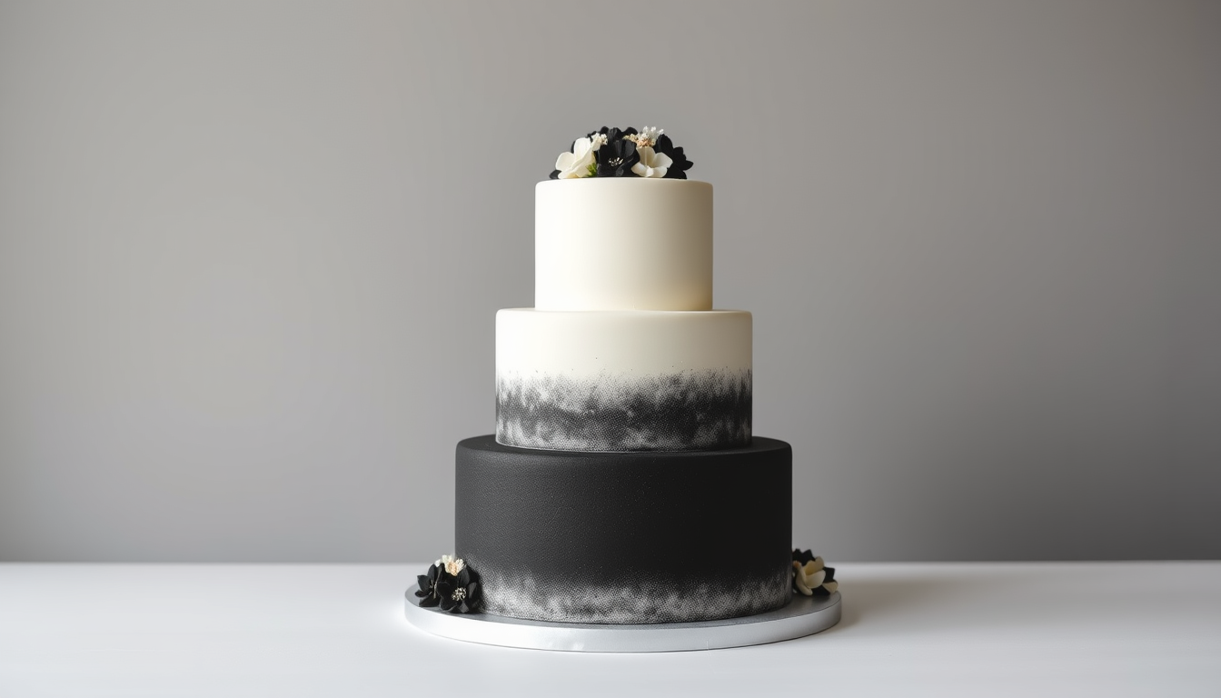 Main art studio: Planungsskizze einer dreistöckigen Hochzeitstorte. Jede Etage halb schwarz halb weiß. In der mitte wo sich die Farbeen treffen den Fondant etwas geraf