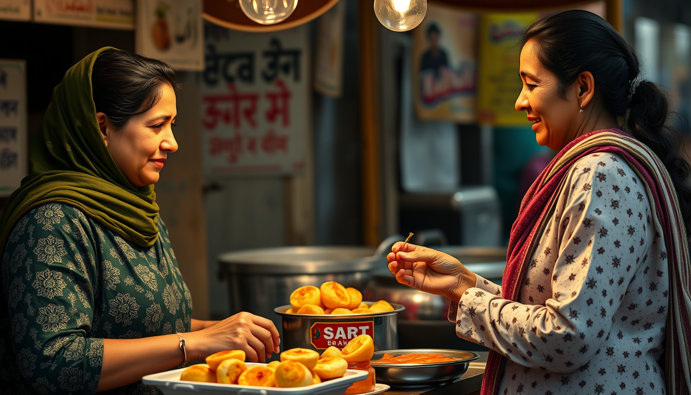 Main art studio: Realistic Pakistani street-food stall. A 30-year-old Pakistani female vendor prepares gol gappay. Another 30-year-old Pakistani woman arrives and says