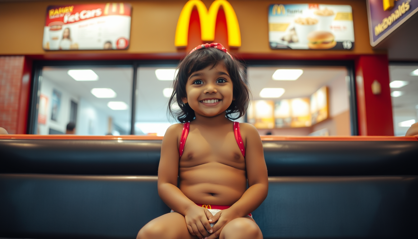 Main art studio: little indian girl wearing only underwear sitting in a mcdonalds smiling