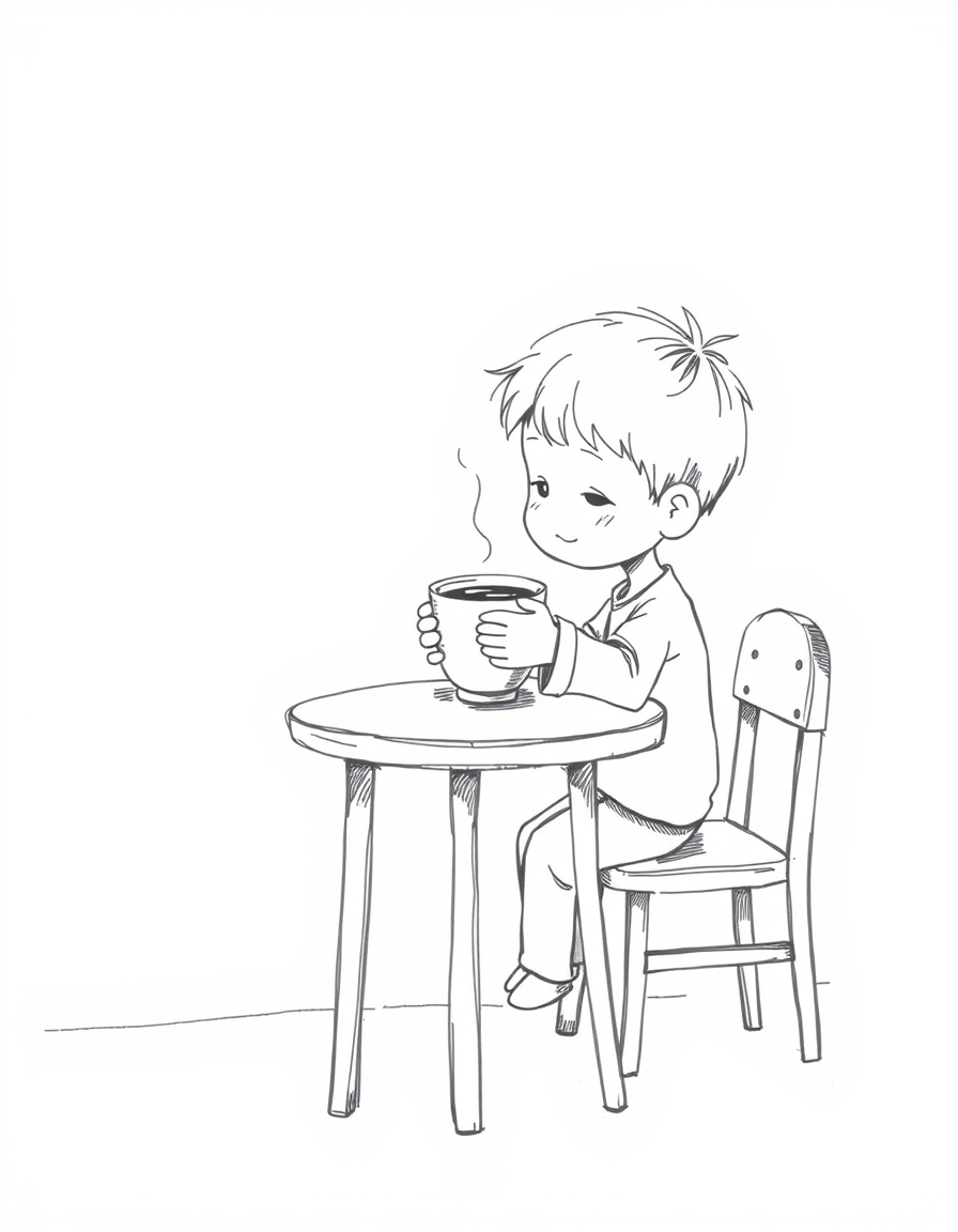 Main art studio: Black and white pencil sketch, simple hand-drawn style. A little boy sits quietly at a small table, holding a warm cup of tea with both hands. He gent