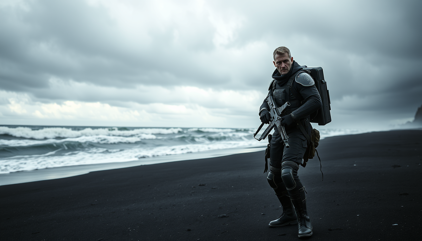 Main art studio: Ren Vask using the exact uploaded character reference, standing alone on a storm-lashed black-sand coastline, dark tactical survival coat and armor, f