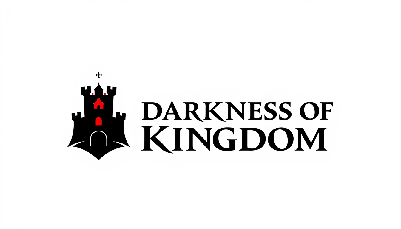 Logo idea: logo design, clean minimal mark, bold simple shapes, balanced composition, DARKNESS OF KINGDOM, dark medieval fantasy logo, gothic text, black and red