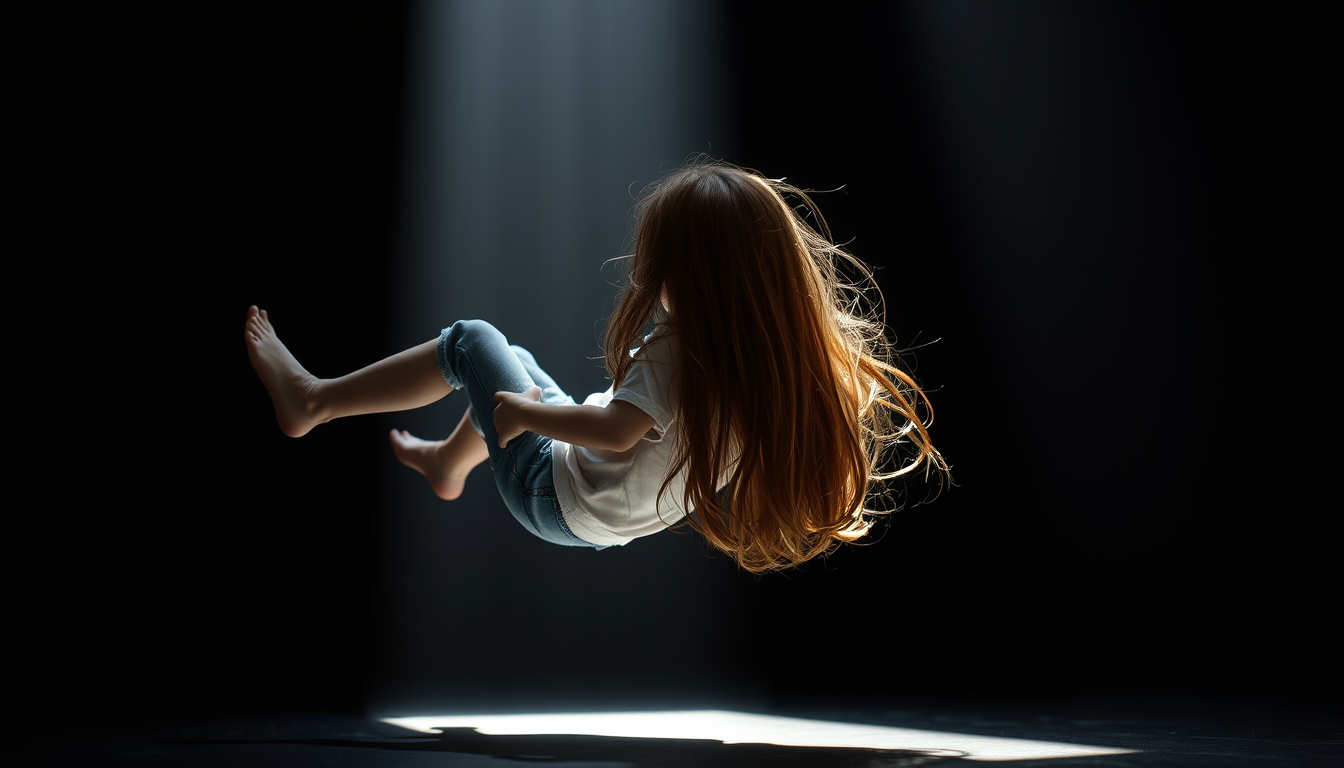 Main art studio: make a 12 year old girl with long brown hair in a space of blackness with casual clothes. the image is taken from the side and make a beam of light co