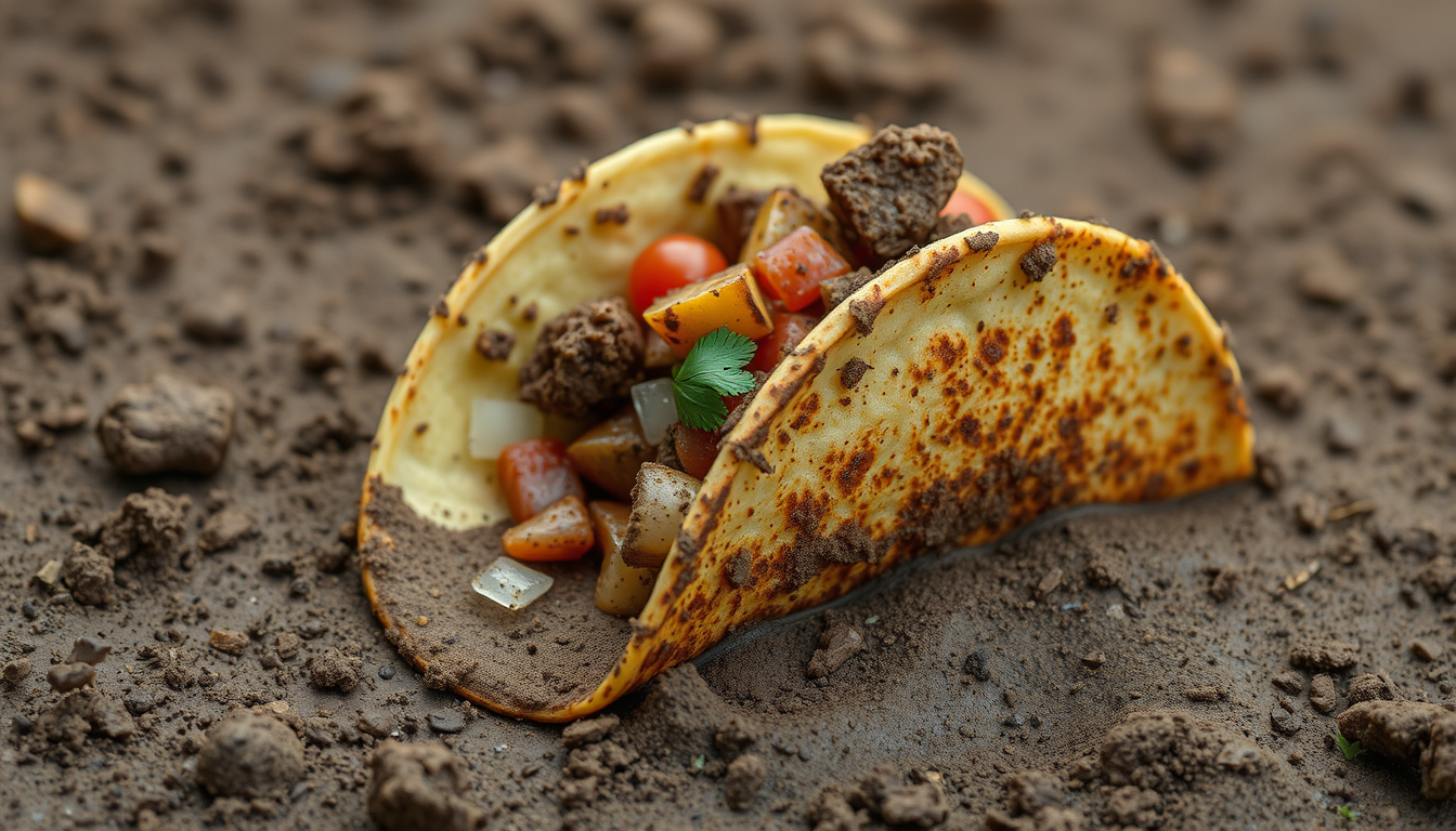 Main art studio: A dirty taco that has fallen into mud, with dirt on the shell, messy filling spilling out, crumbs around it, funny but realistic food photography.