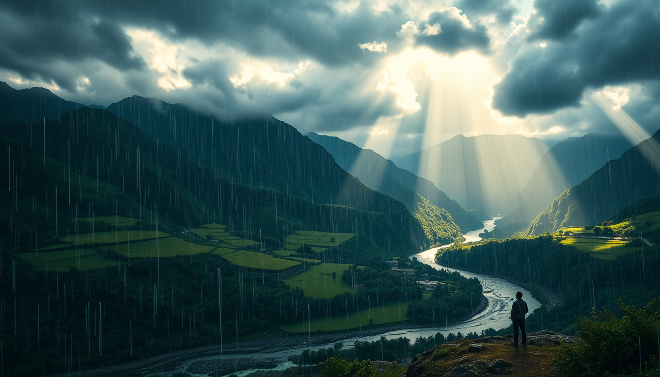 Main art studio: Epic cinematic view of rain falling over a peaceful green valley, rivers flowing between mountains and sunlight breaking through thick clouds. A small