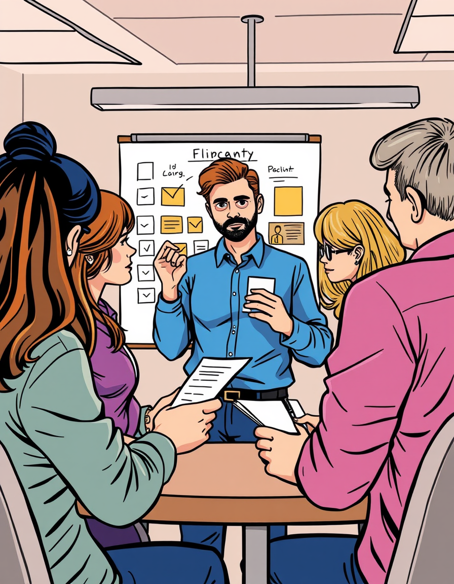 Main art studio: comic style. Flat Illustration. A team working together. With flipchart. someones are writing notes. Everybody ha a papercard in his hands.
