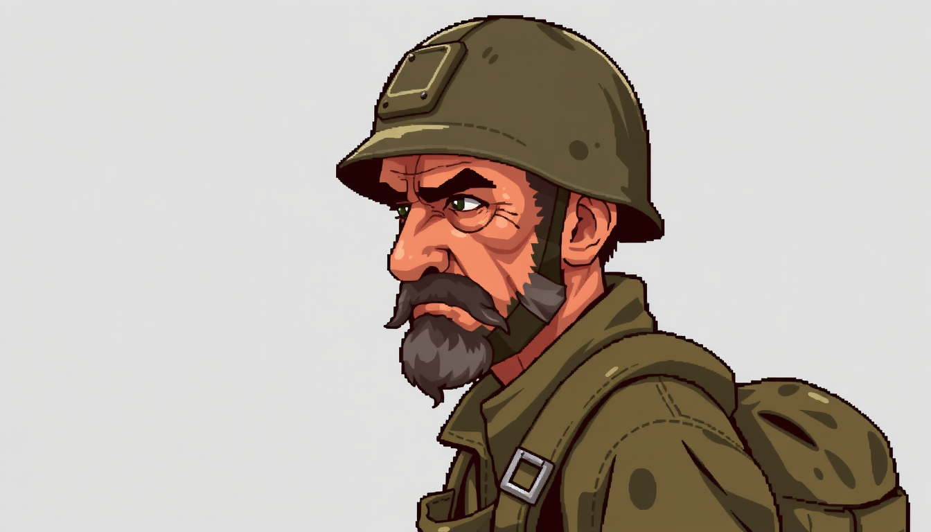 Sprites idea: a single readable game sprite with a controlled silhouette, palette, scale, and viewing angle, deliberate composition, Grizzled 40-year-old WWII parat