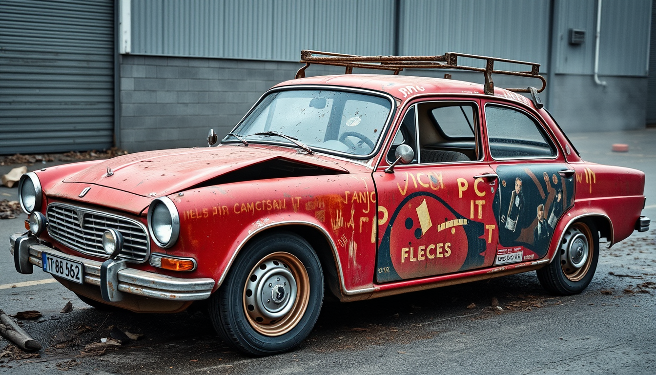 Main art studio: demolition car with french car