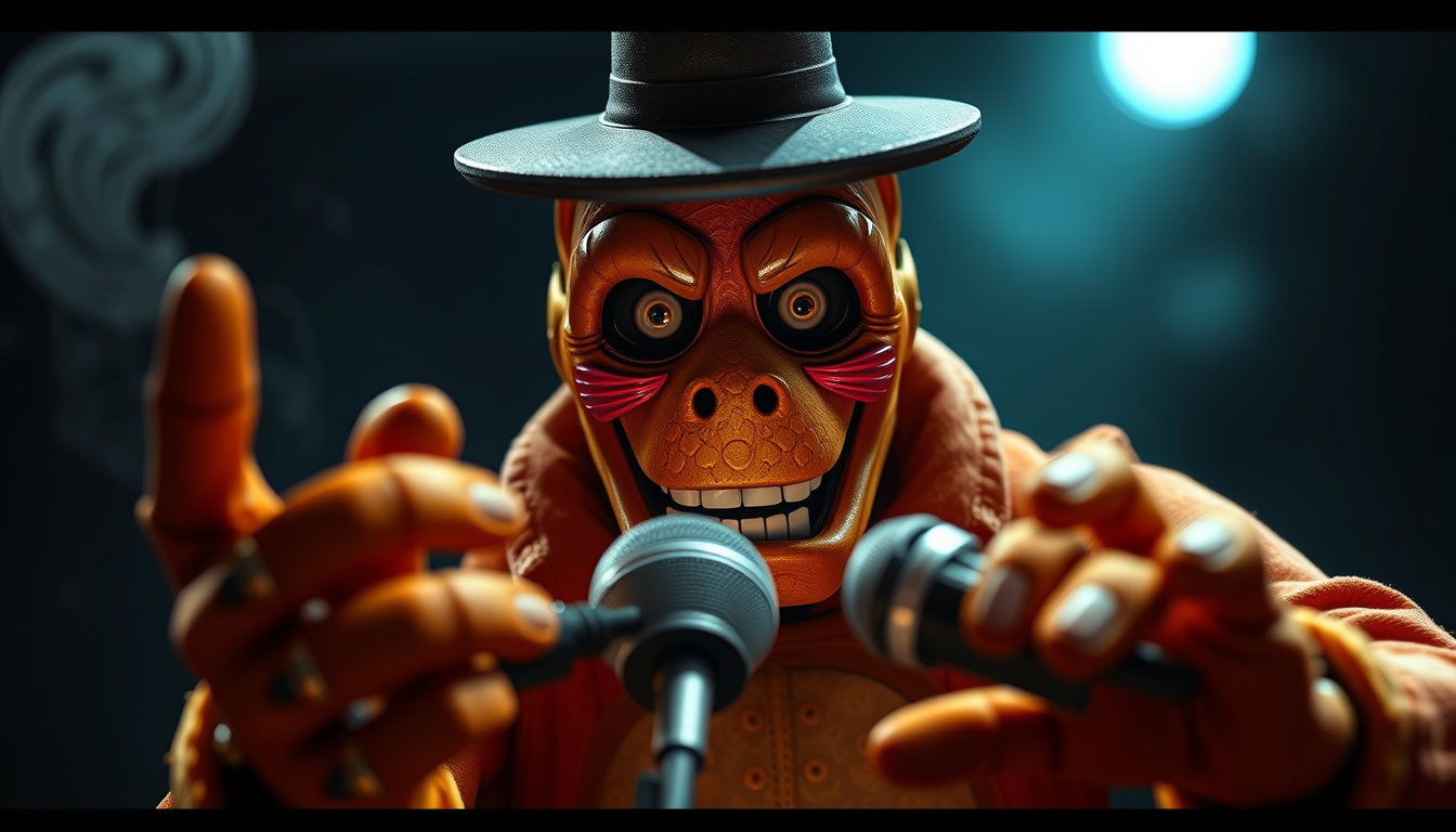 Main art studio: Widehret Freddy five nights at Fredys 2 dañado cables expuestos boca grande ojos normales solo el inclinado con la mano eputando a la cámara con micró