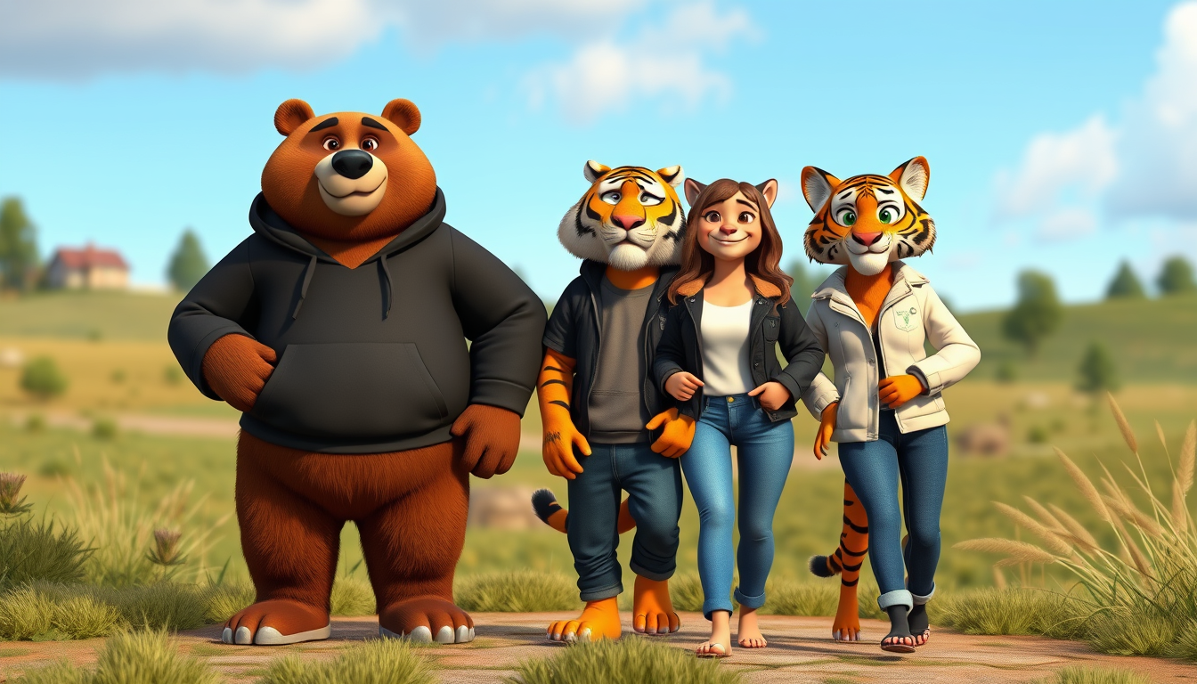 AI Art prompt example created from the prompt: Four funny 3D cartoon animal characters standing together in a Romanian countryside. A big brown male bear wearing a black hoodie and black