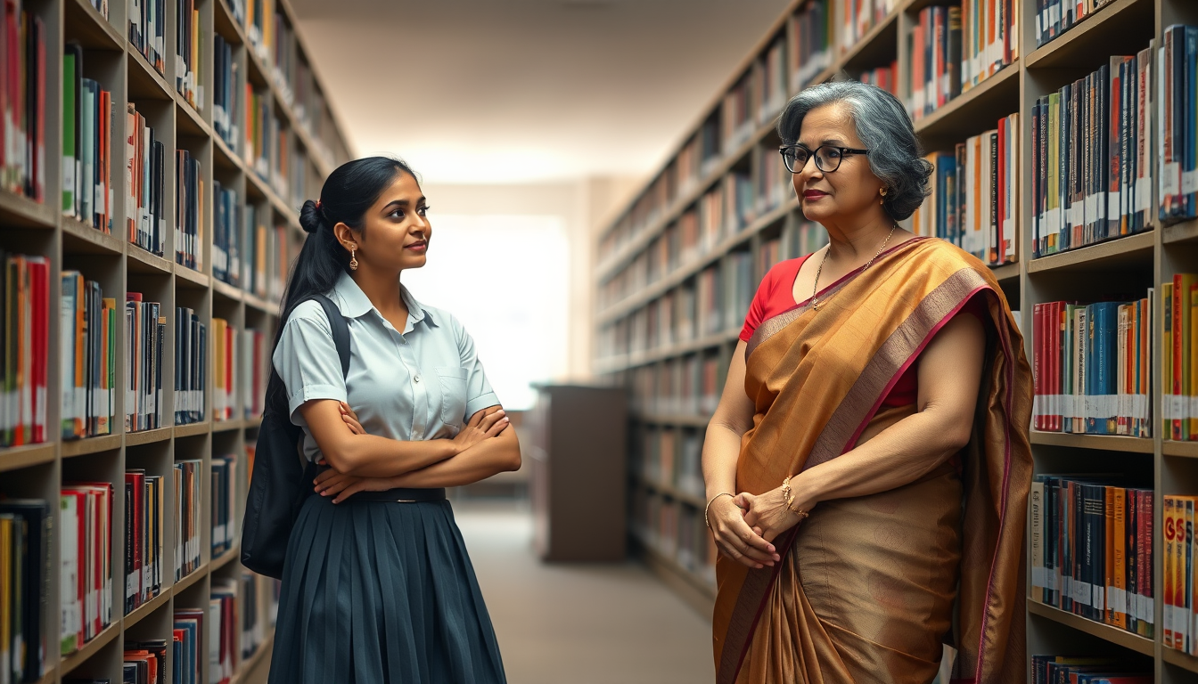 Main art studio: Landscape image of a 18-year-old indian female high school student with age appropriate proportions in modest shirt skirt school uniform and beautiful