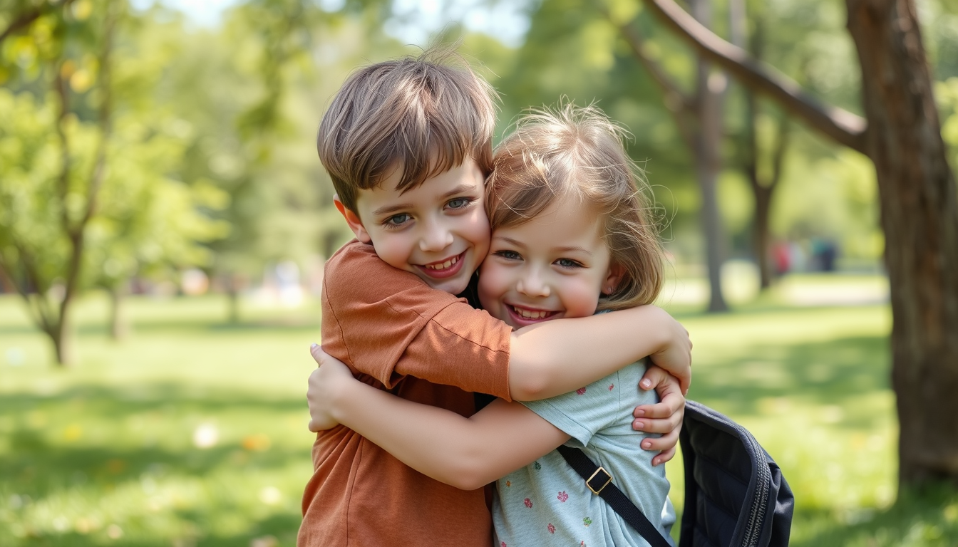 Main art studio: Make a photo of a cute boy hugging a girl in the photo uploaded in a park in summer. Make it look nice and make it look real not ai
