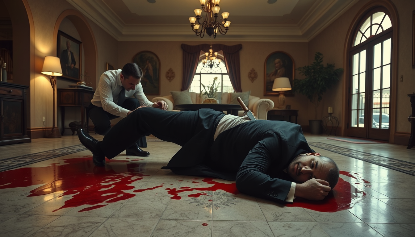 AI Art prompt example created from the prompt: overhead fullshot of dead man in suit with knife in back and laying on ground on a 45 degree angle in pool of blood. dimly lit luxury Spanis
