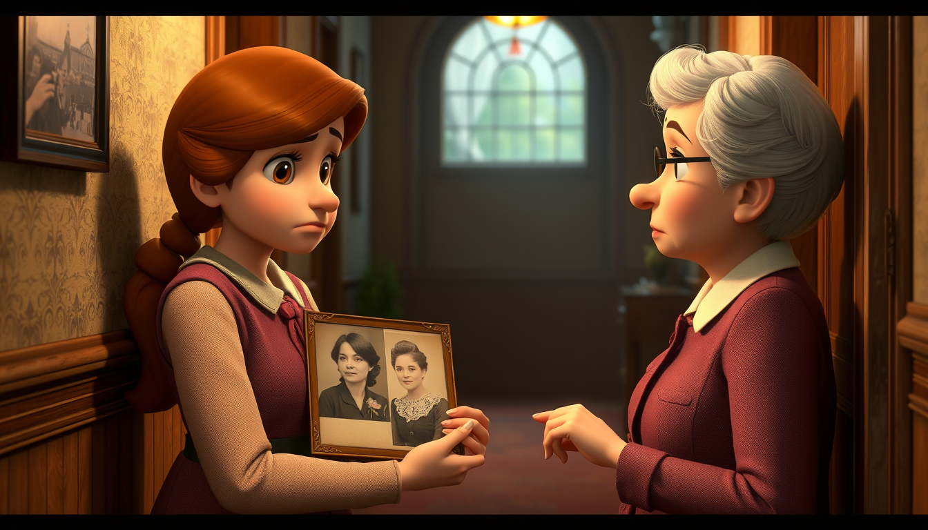 Main art studio: Grandma Reveals Clara DisappearedPrompt:Emotional conversation between young Emma and elderly Grandma Rose in the old hallway, Grandma Rose holding th