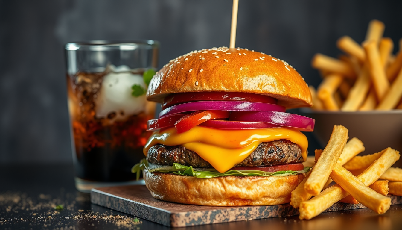 Main art studio: Een burger met gehakt patty gesmolten kaas en veel saus en dan friet erbij en water en cola