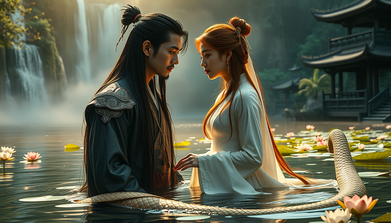 Main art studio: Cinematic dark fantasy romance, photorealistic. Adult Korean Serpent King inspired by Zhang Linghe (张凌赫, Zhāng Línghè), with elegant East Asian featur