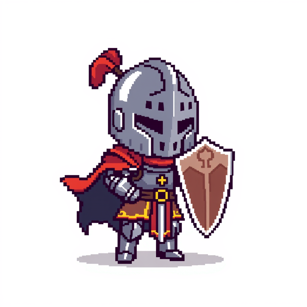 Main art studio: pixel art character, chibi style, no background, crusador knight