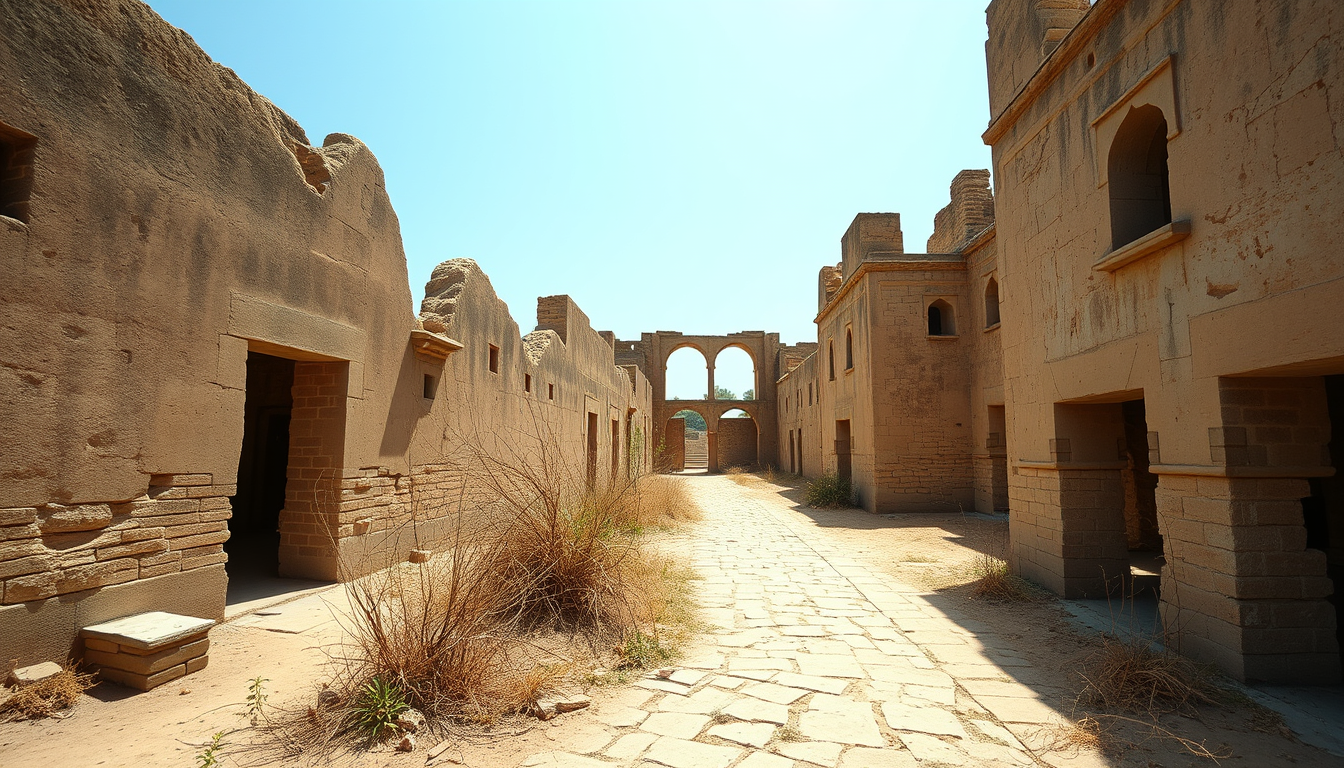 Main art studio: The abandoned streets of Bhangarh Fort, empty ancient sandstone buildings, deserted marketplace, broken walls and weathered palace arches, dry vegetat