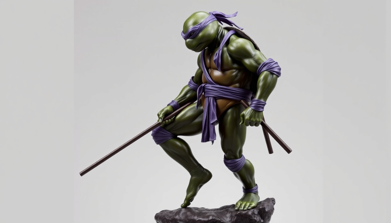 Main art studio: Donatello from Teenage Mutant Ninja Turtles in an elegant Renaissance contrapposto pose. Weight on his straight right leg; left leg bends diagonally f