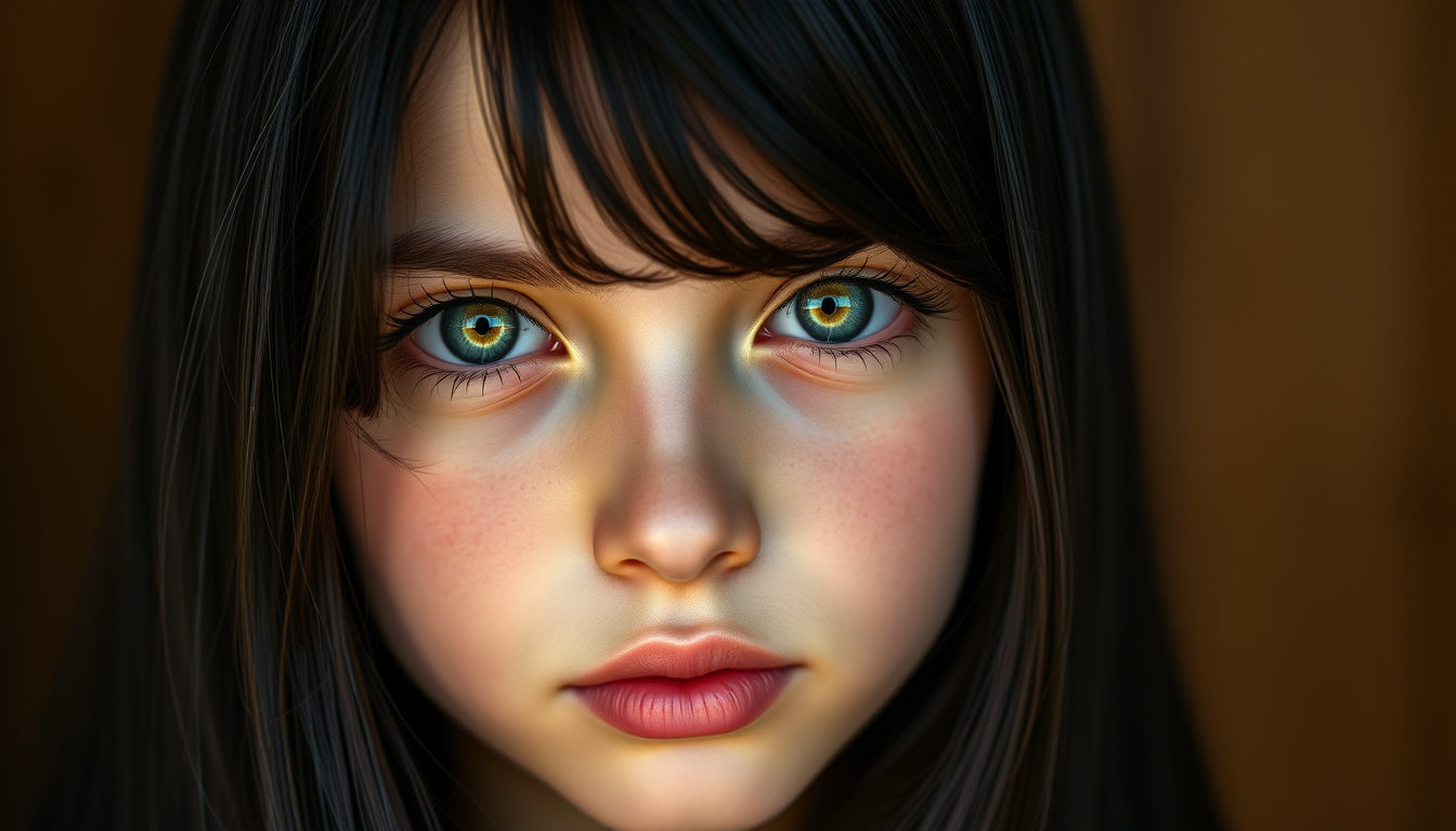Main art studio: Ultra realistic adult woman, 10 years old, long black hair, green eyes, natural skin, cinematic lighting, high detail, 85mm portrait photography, mast