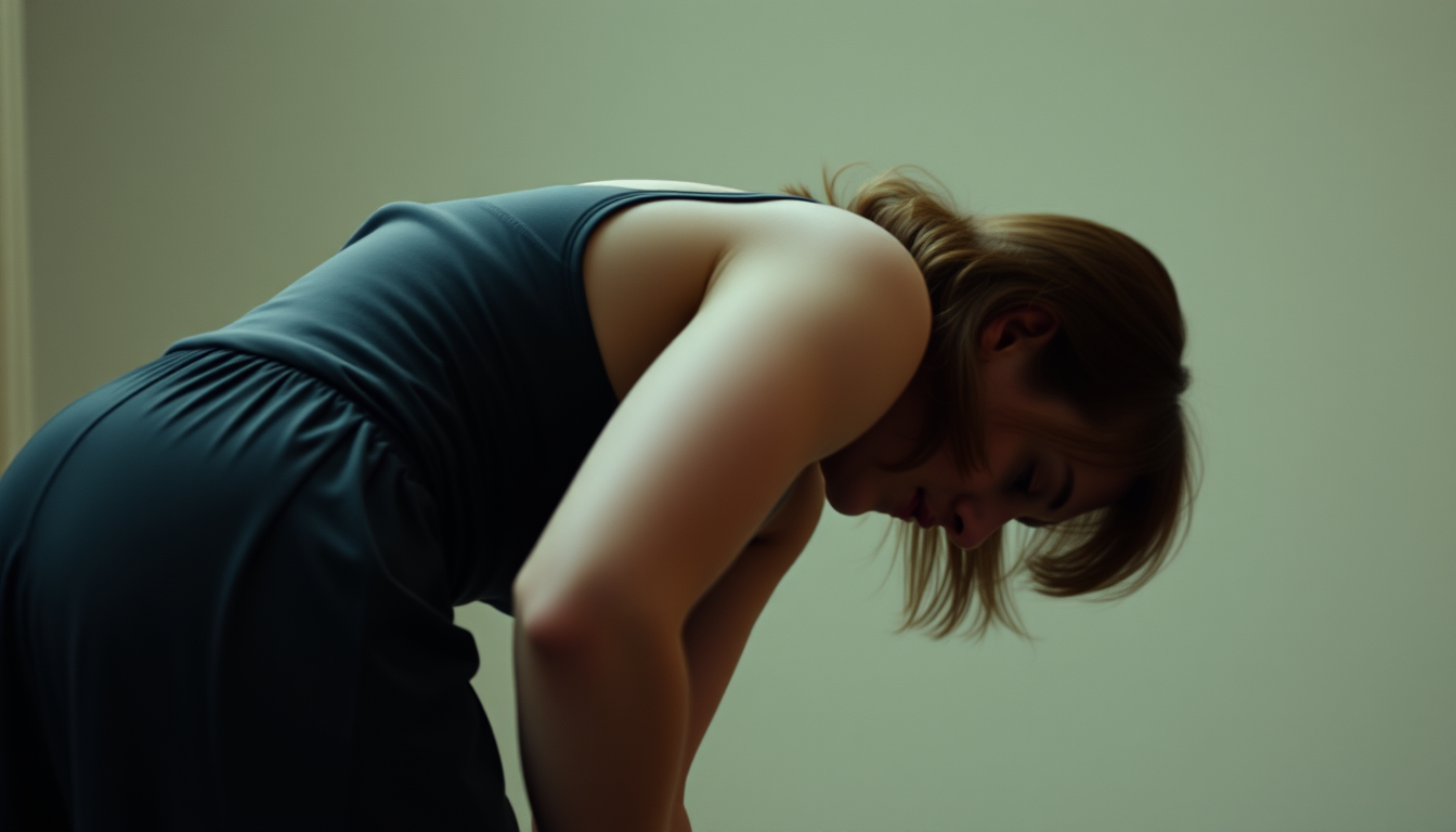 Main art studio: Create a 10-second realistic video of an adult character slowly bending forward, with a smooth camera movement and a subtle cinematic zoom. Keep the c