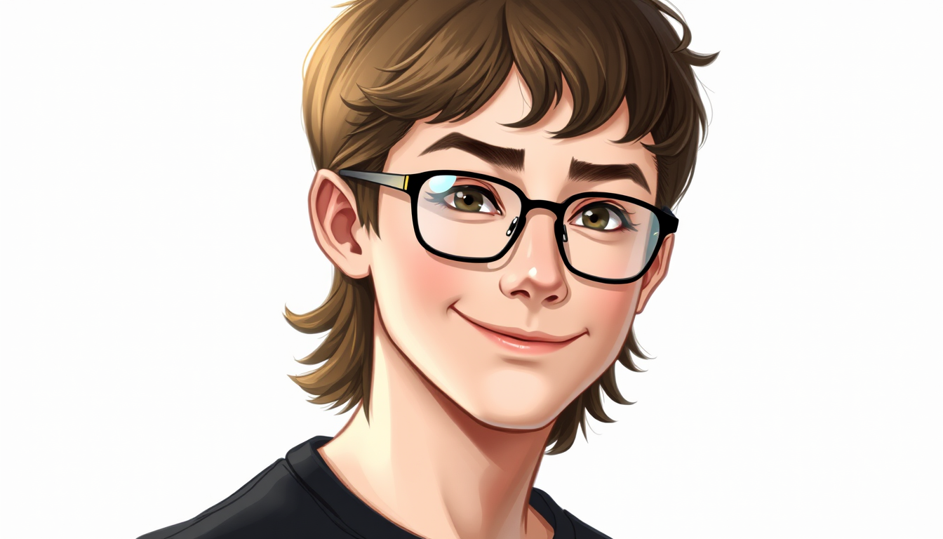 Main art studio: A fictional teenage boy with glasses, wavy-to-straight hair, a diamond-shaped face, a visible but not very sharp jawline, fair-ish skin, and a tall bu