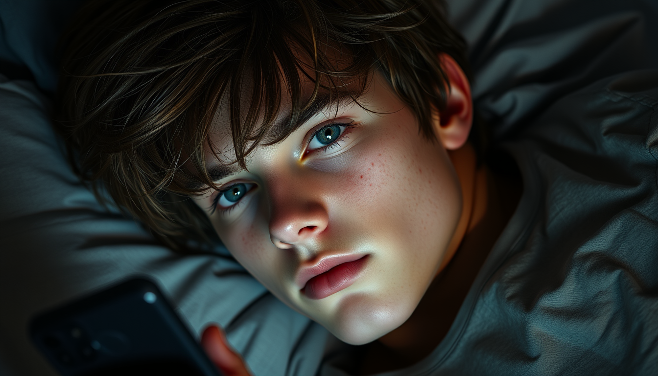 Main art studio: Create a 15 year old realistic teenage boy with messy hair covering his forehead head and ending at the bottom of his skull, he has emerald coloured e