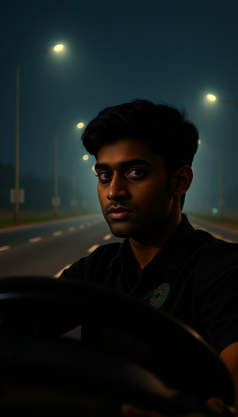 Main art studio: Sameer, a 25-year-old Indian man with short black hair wearing a black shirt, driving alone on an empty road at 11:45 PM, dark night, streetlights, li