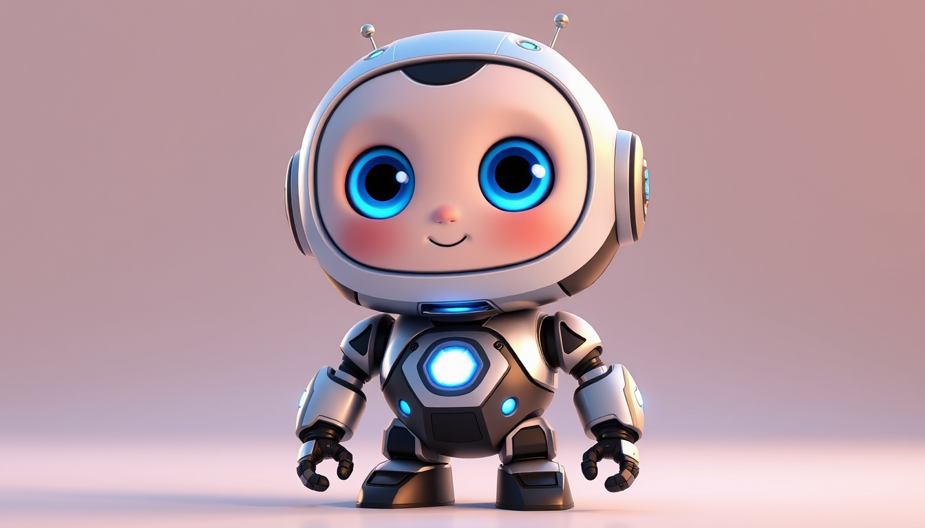 Main art studio: Cute small futuristic robot boy named Max, age 10, round friendly face, big glowing blue eyes, small metallic body, short arms and legs, glowing blue