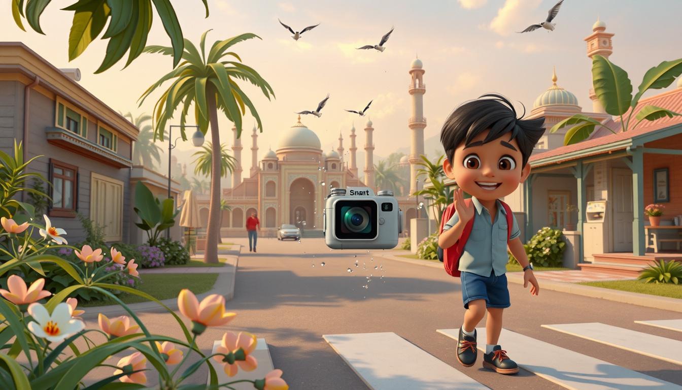 Main art studio: The smart camera gently flies out of Amir's backpack while sparkling magical particles surround it. Amir smiles happily and waves. Birds fly across th