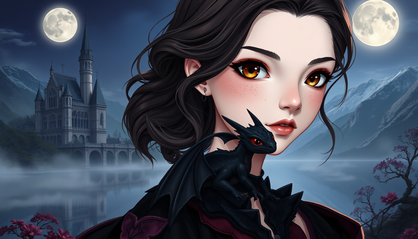 Main art studio: Semi-realistic anime dark fantasy portrait of a young adult woman with very pale, cool porcelain skin, a soft rounded face, large expressive brown eye