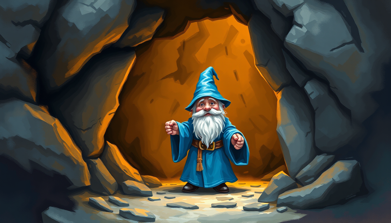 Main art studio: create an impressionist style picture of a halfling wizard dressed in blue robes and pointy blue hat emerging from a cave