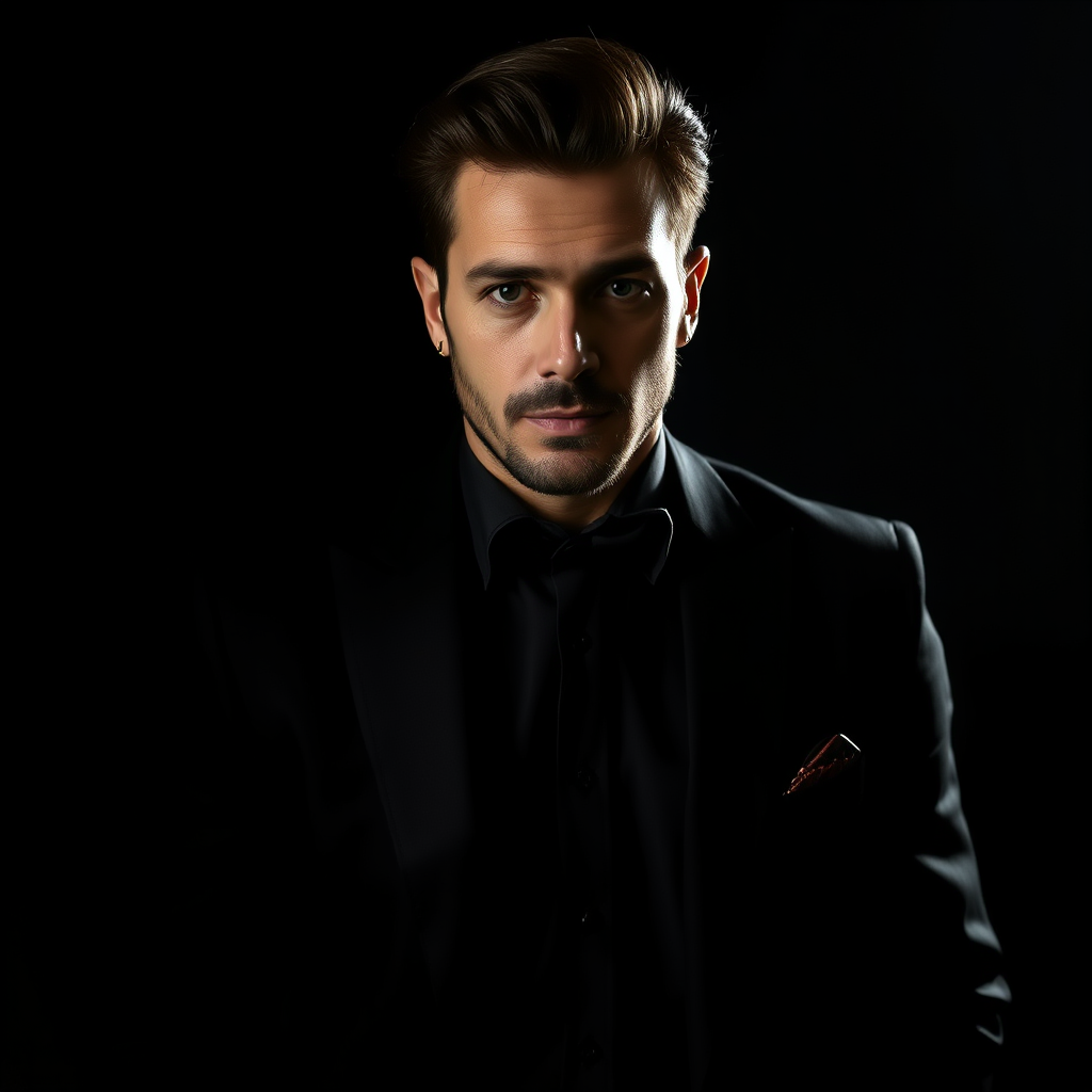 Main art studio: Imagen para redes sociales, estilo premium, masculino, elegante, moderno. Fondo negro, detalles dorados sutiles, iluminación cinematográfica. Transmit