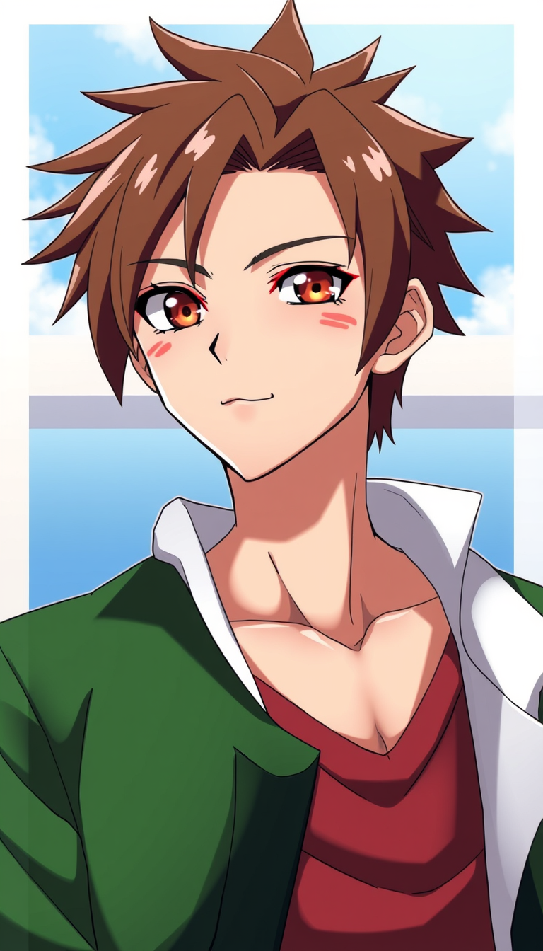Anime idea: anime style, vibrant colors, expressive eyes, Kita is shown to be a handsome, tall and lean young man. He seems to have rather brown or dark red eyes.