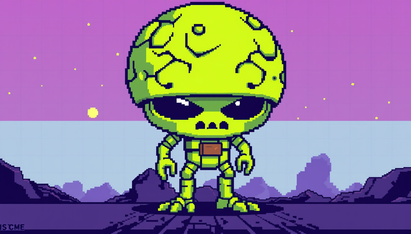 Sprite idea created from the prompt: pixel art game sprite, clean pixel grid, retro 16-bit palette, un extra-terrestre tres fort et resistant , game-ready sprite sheet