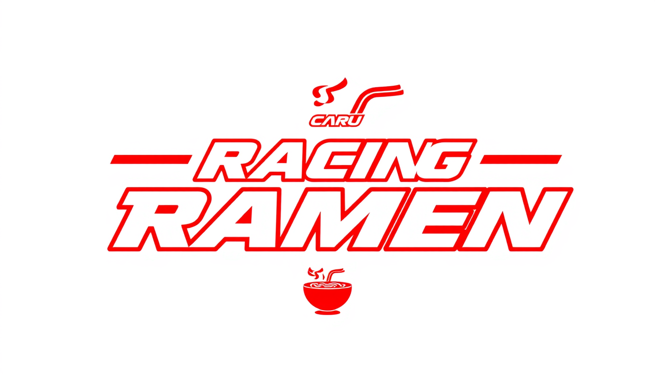 Main art studio: Simple flat vector logo, exact text "RACING RAMEN", bold clean custom lettering, red and white only, small black accent, simple ramen bowl icon, trans