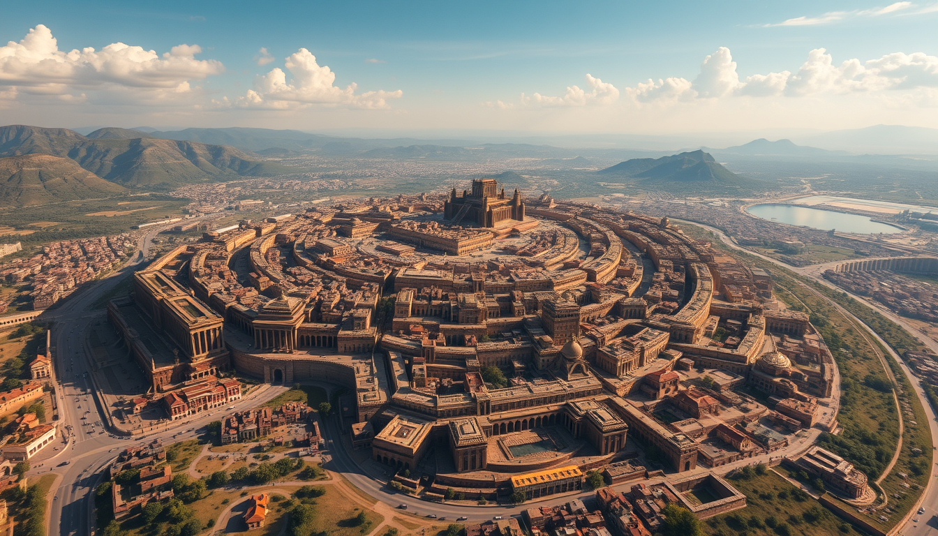 AI Art prompt example created from the prompt: Create an extraordinarily detailed, breathtakingly realistic cinematic aerial panorama of TROY, the legendary capital of the Trojans, reimag