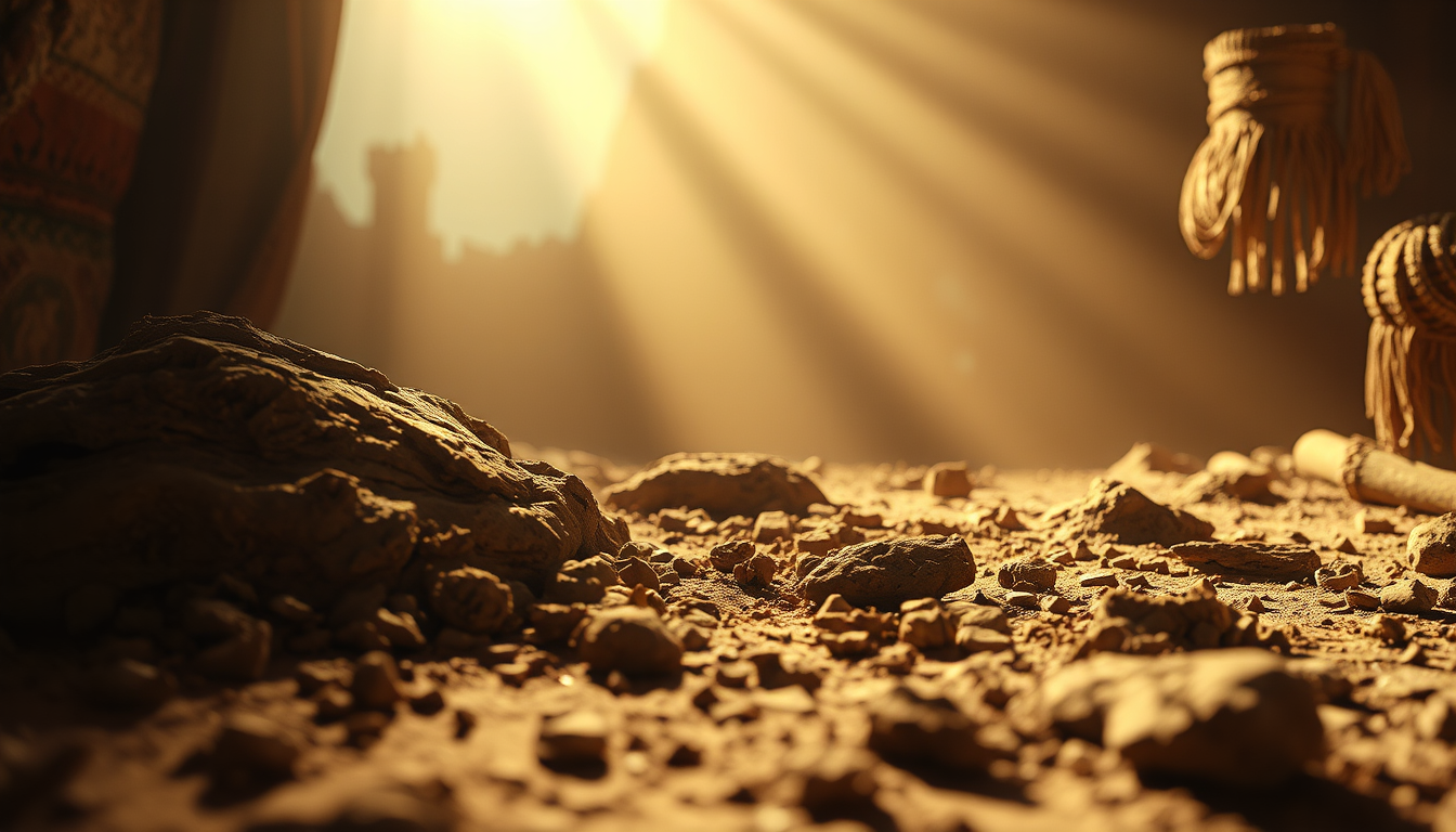Main art studio: Symbolic creation scene, earth clay gathered on the ground, soft heavenly light illuminating the clay, dramatic shadows, historical atmosphere, realis