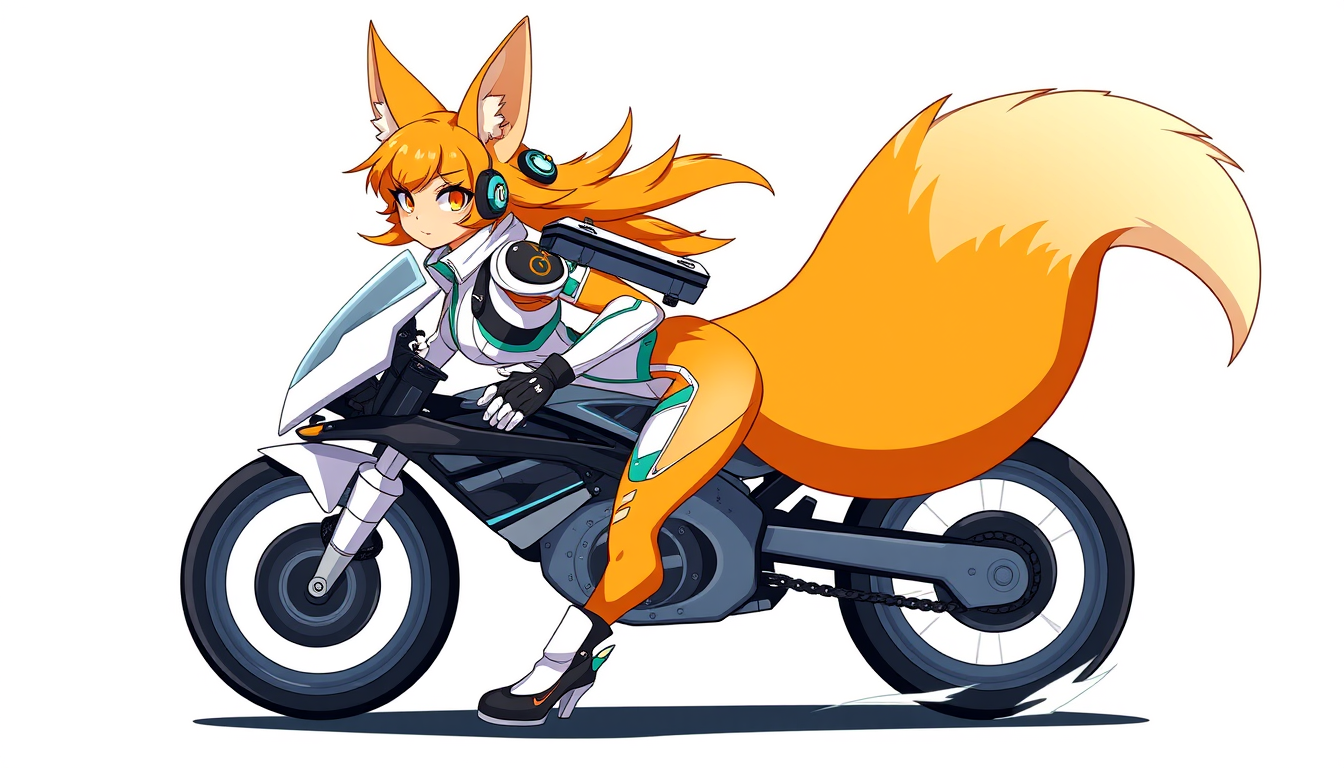 Main art studio: Anthropomorphic female orange fox character with two tails, inspired by futuristic arcade racing games. She is a professional hover-bike racer with a