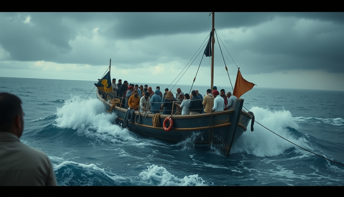Main art studio: can you make a reaistic image from the book boy overboard and there on a boat with a storm and the boat is super crowded and the boat is dirty and the
