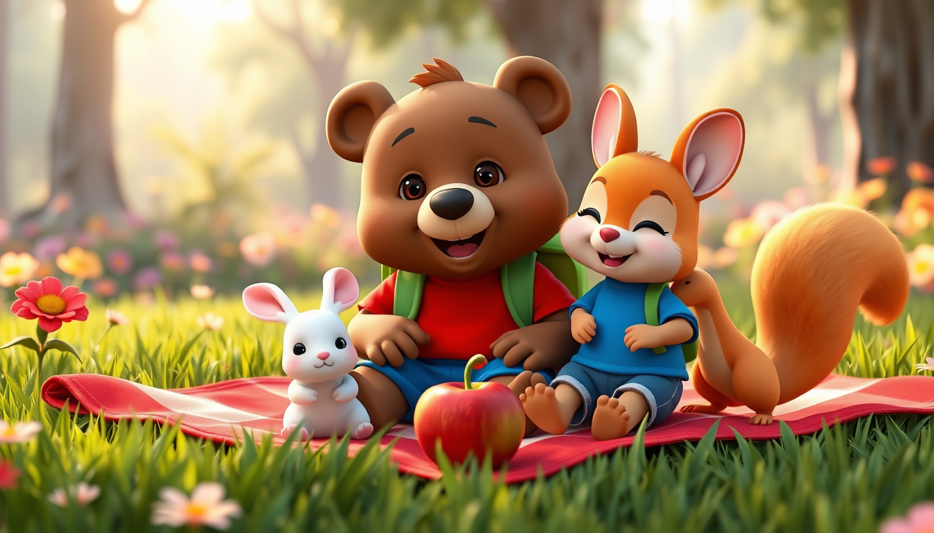 Main art studio: 3D animated children's cartoon. Bruno, a cute brown bear wearing a red T-shirt, blue shorts, and green backpack, sits on a red picnic blanket with Ben