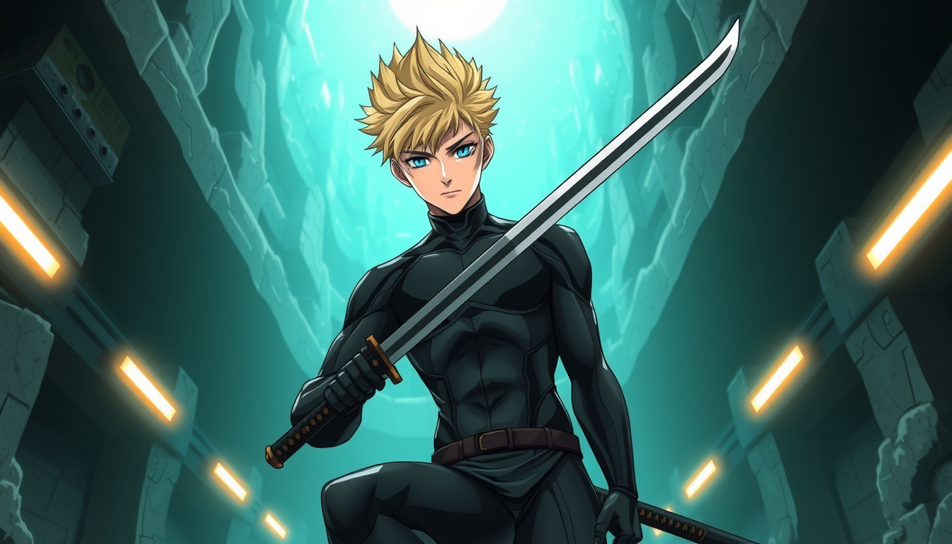 Main art studio: Anime style young man (spiky medium blond hair blue eyes pale skin Athletic build wearing a futuristic onyx black form fitting skintight sculpted body