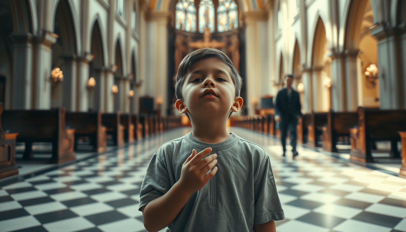 Main art studio: usando tus dos fotos de referencia. Crea una fotografía realista y cinematográfica, emotiva, dentro de una iglesia grande y hermosa. En el centro, el