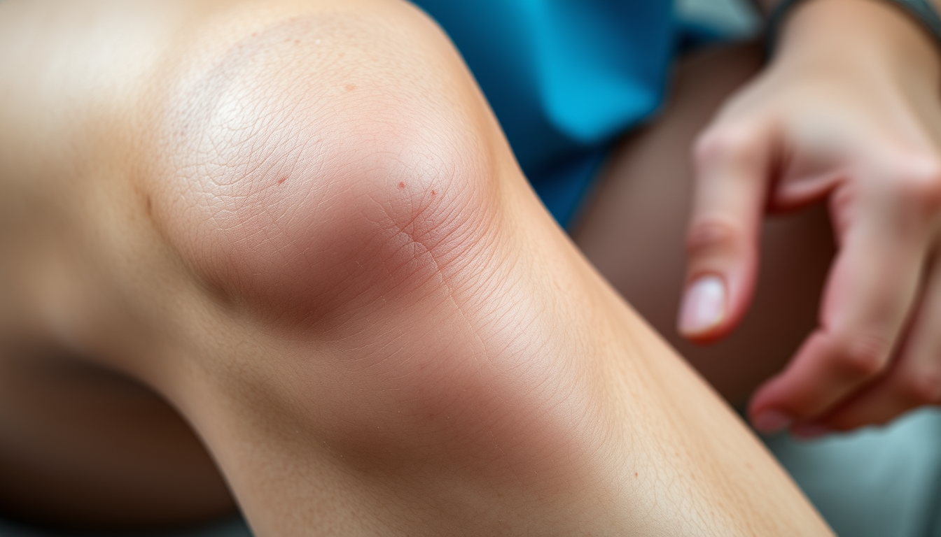 Main art studio: “A realistic close-up photo of a human knee with visible skin darkening and hyperpigmentation, natural skin texture, realistic pores, daylight, skinca