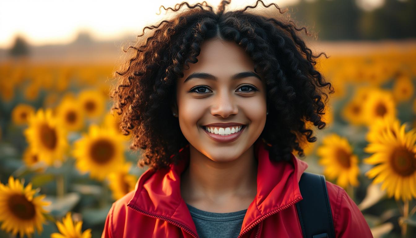 Main art studio: "A young woman with curly black hair wearing a red jacket, standing in a sunflower field during golden hour, smiling, photorealistic, 85mm portrait le