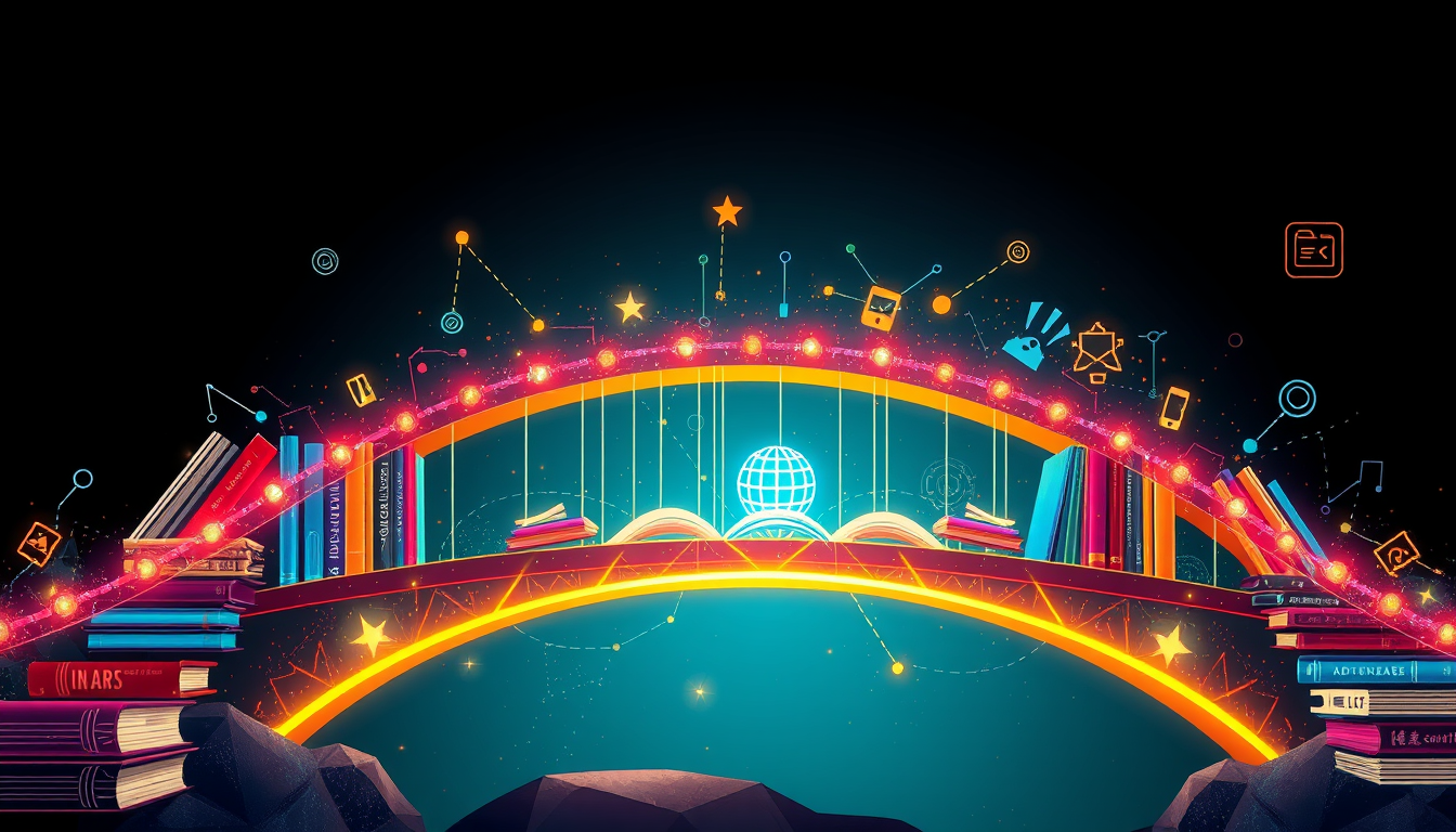 Main art studio: Creative Filipino poster showing a glowing bridge made of books and technology, connecting Filipino language and culture to AI, computers, and a world
